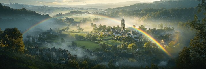 Wall Mural - A serene landscape featuring a village under a rainbow amidst morning mist.