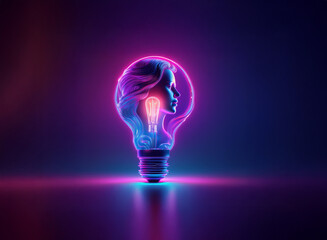 Canvas Print - a glowing neon lightbulb reveals a woman's profile, symbolizing innovative thinking and feminine pow