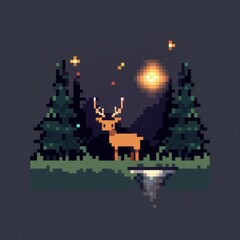 Wall Mural - A delightful 8-bit pixel art of a glowing pixelated deer standing near a glowing stream, surrounded by pixelated trees and sparkling stars, set on a pastel green and grey background for a tranquil 