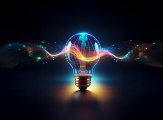 A glowing light bulb emits vibrant, colorful energy waves, symbolizing innovation and bright ideas.  The dark background emphasizes the light's brilliance.