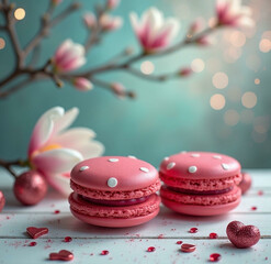 Canvas Print -  Valentine's pink macarons with white polka dots on a rustic white wooden table