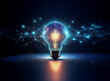 © joeycheung - A glowing lightbulb, rendered in digital art, is surrounded by a network of interconnected nodes, symbolizing innovation and interconnected ideas.  The scene is dark, emphasizing the lightbulb's brill