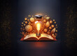 © joeycheung - Glowing lightbulb inside an open book, surrounded by graduation caps and golden gears, symbolizes knowledge and bright ideas.  Sparkling dust adds magical effect.