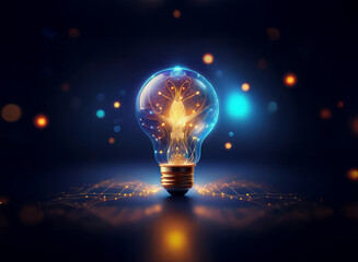 Wall Mural - a glowing lightbulb, filled with intricate, energy-like patterns, sits on a dark surface. surroundin