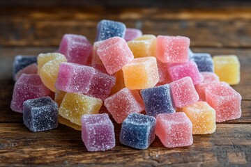 Colorful fruit jelly cubes forming a pile on wooden table