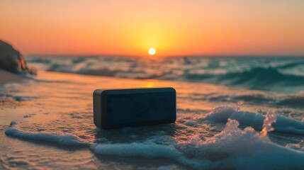 Canvas Print - Sunset beach scene with portable speaker in the wet sand.