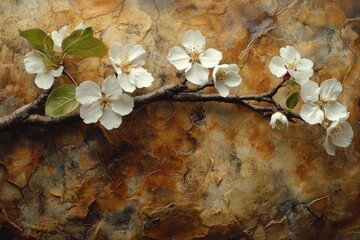 Blooming apple tree branch with white flowers on textured background
