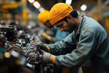 Poster - Mechanic assembling engine parts in factory