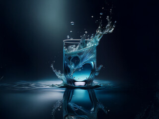 Poster - A glass of vibrant blue liquid, dramatically splashed, reflects on a dark, wet surface.  The scene is moody and evokes a sense of coolness and refreshment.