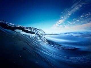 Aufkleber - A mesmerizing underwater view of an ocean wave, showcasing its translucent form against a vibrant blue backdrop and a partly cloudy sky.  The wave's texture and the interplay of light and shadow creat