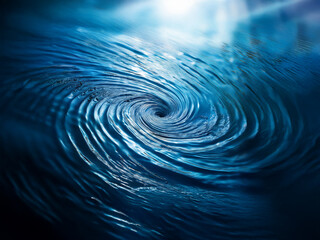 Aufkleber - A mesmerizing whirlpool of deep blue water spirals into a dark abyss, illuminated by a radiant light source above.  The concentric circles ripple outwards, creating a captivating vortex.