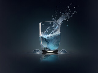 Poster - A glass of water with ice cubes, showcasing a dynamic splash frozen in time.  The cool blue tones and dark background create a serene yet energetic image.  The reflection adds depth.