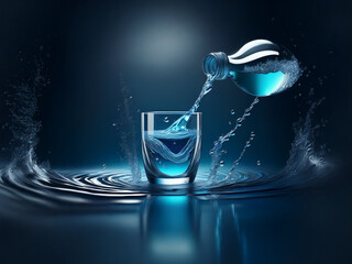 Poster - Refreshing blue liquid pours from a bottle into a glass, creating dynamic splashes and ripples on a dark, reflective surface.  The scene evokes purity and hydration.
