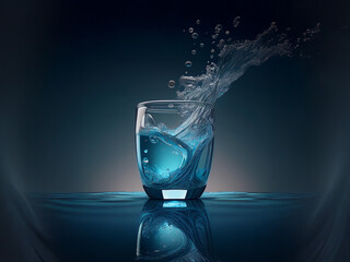 Leinwandbilder - A glass of water, captured mid-splash, showcases dynamic movement and glistening droplets against a dark, reflective background.  The scene evokes freshness and purity.