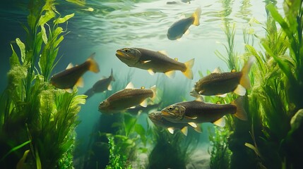 Wall Mural - Underwater school of fish swimming among aquatic plants.