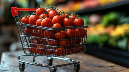 Wall Mural - Fresh tomatoes in a shopping cart on a wooden table, great for still life photography or advertising images