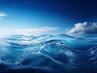 Poster - Ocean waves, crystal clear water, and a vibrant blue sky with fluffy white clouds create a serene and captivating seascape.  The sunlight glistens on the surface, highlighting the movement and texture