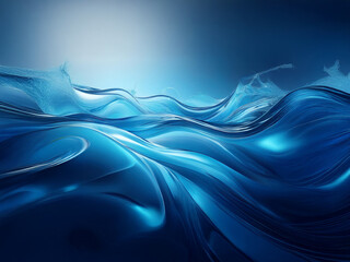Poster - Abstract digital art depicting a serene, flowing ocean of vibrant blue hues. The liquid-like surface reflects light, creating a sense of depth and movement.  The dark background enhances the luminous 
