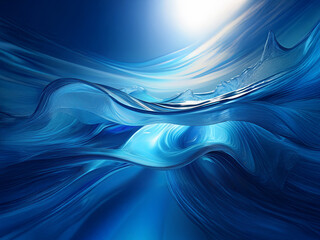 Poster - Abstract artwork depicting flowing, translucent blue waves under a bright light source.  The image evokes a sense of serenity and depth.