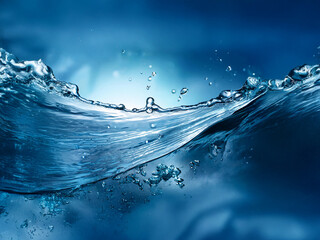 Poster - A mesmerizing underwater scene with a flowing wave, showing the texture and clarity of the water.  Bubbles rise through the blue depths, illuminated from behind.