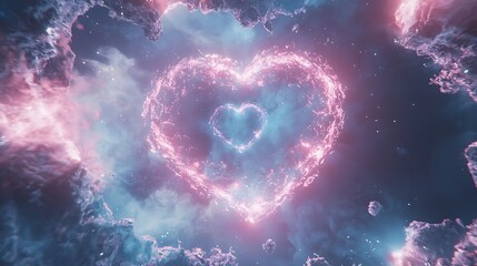 Canvas Print - A heart made of pink and blue lights is floating in the sky