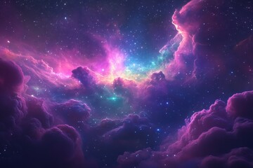 Wall Mural - Colorful cosmic clouds fill the night sky, glowing in shades of purple, blue, and pink. Bright stars twinkle amidst the nebula, creating a vivid and enchanting space atmosphere.