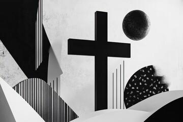 Wall Mural - a black cross stands prominently on an abstract white and black backdrop, featuring geometric shapes