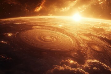 Wall Mural - A breathtaking vista showcasing massive swirling storms across a planetary surface, bathed in golden light from a nearby sun, creating an otherworldly atmosphere.