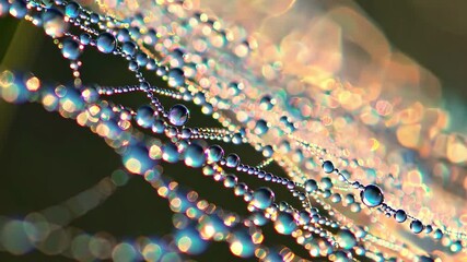 A close-up of a spiderweb adorned with morning dew droplets, sparkling in sunlight against a blurred green background