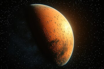 a vibrant orange planet against a bright starry background