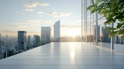 Wall Mural - Modern city skyline with reflection, urban architecture at sunrise.