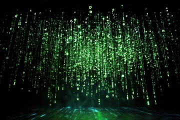 Wall Mural - a stunning display of green binary code cascades like rain in a dark digital space, creating an imme