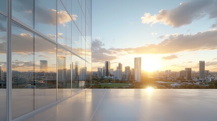 Wall Mural - City skyline at sunrise with modern glass building reflecting the light.