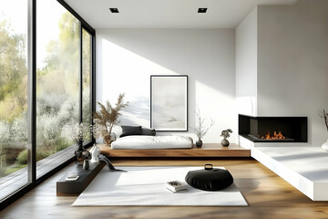 Wall Mural - Serene Minimalist Living Room Design with Modern Fireplace and Floor to Ceiling Windows