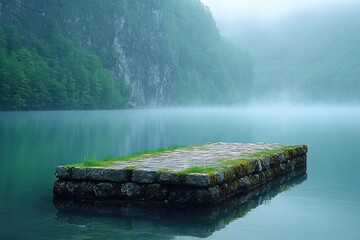 Poster - A lone stone pier standing still in the middle of a serene body of water, perfect for a peaceful scene or reflection