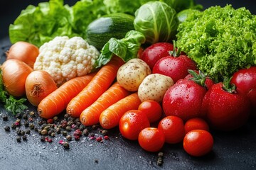 Canvas Print - A selection of colorful vegetables arranged on a black surface