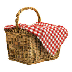 Wall Mural - A woven picnic basket topped with a red and white checkered cloth, ideal for outdoor dining and gatherings.