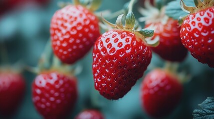 Canvas Print - Freshly picked ripe strawberries against a lush green backdrop in a garden setting