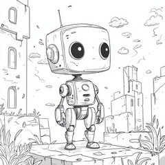 Wall Mural - Little Robot in a Post-Apocalyptic World: A cute and somewhat lonely robot stands in the middle of a ruined city, surrounded by overgrown foliage. The robot's design is a simple one.