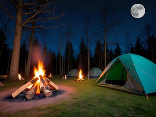a camp with tent and campfire at night scene