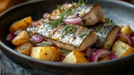 Wall Mural - Crispy fish fillets served with roasted potatoes and purple onions on a black plate