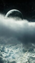 Wall Mural - Dramatic clouds parting to reveal a distant celestial body surrounded by a starry sky