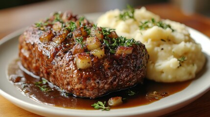 Canvas Print - Savory meatloaf served with creamy mashed potatoes and rich gravy on a wooden table