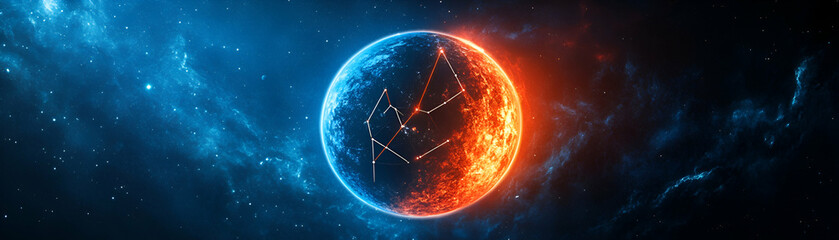 Wall Mural - cosmic inferno, planet engulfed in fiery blaze, celestial network connects across dual-toned nebulae