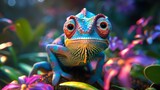 Vibrant chameleon amidst colorful flowers.