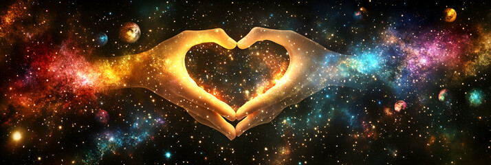 Wall Mural - cosmic heart, hands forming heart shape in a vibrant nebula, planets and stars shine brightly. love 