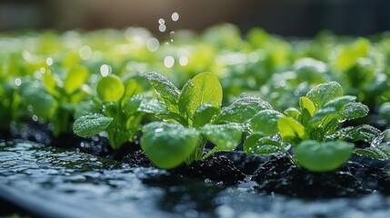 Canvas Print - Fresh lettuce seedlings thrive in a greenhouse setting with droplets of water sparkling under bright light