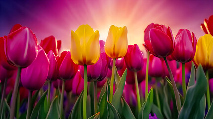 Wall Mural - Pink and yellow tulips glowing in the warm spring sunset, perfect for a tranquil floral banner.