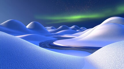 Wall Mural - A serene winter landscape featuring snow-covered hills and a winding river under the aurora borealis.