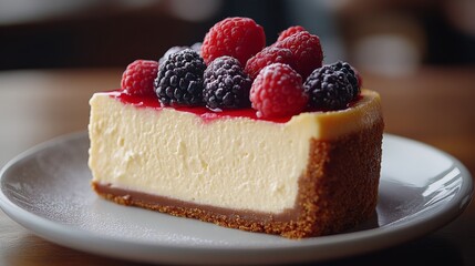 Wall Mural - Creamy cheesecake topped with fresh berries served on a white plate in a cozy cafe setting